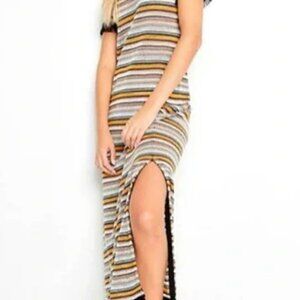 LISA TODD BOHO STRIPE MULTI FRINGE KNIT VNECK TRIBAL BEACH MAXI DRESS